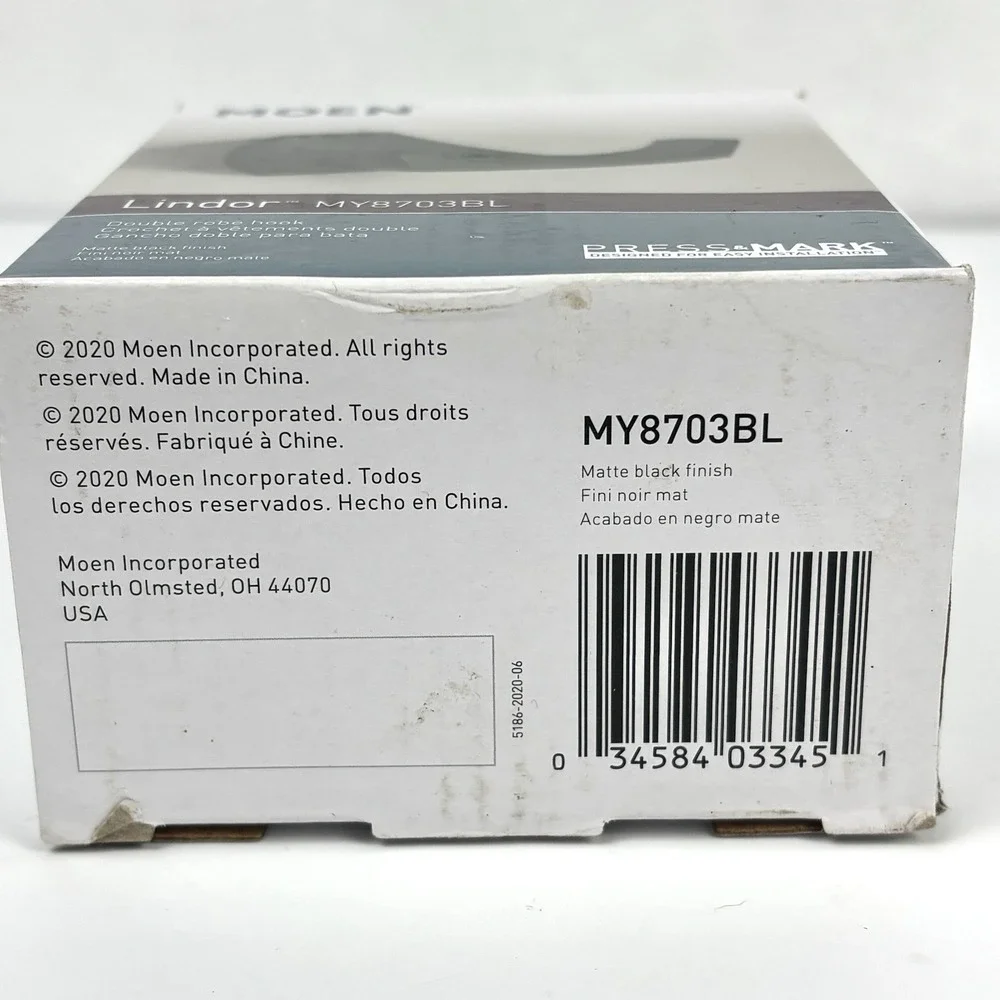Moen Lindor MY8703BL Double Robe Hook Matte Black Press & Mark New Open Box